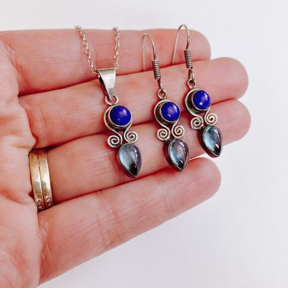 VTG Sterling Silver Pendant Necklace & Earrings Set, Topaz & Glass Stones, Y2K - Picture 5 of 12